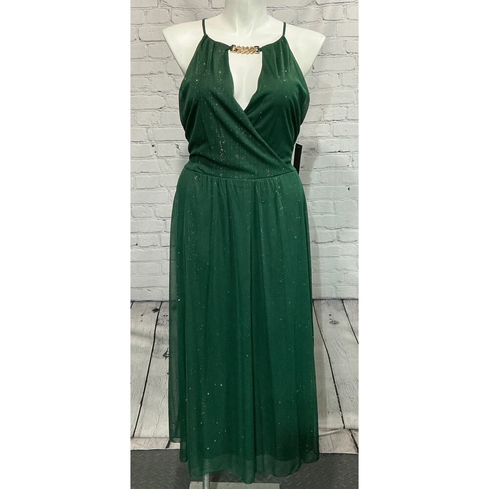 NEW Alexa B Emerald Green Glitter Halter Maxi Dress (Size 20W)